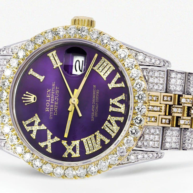 Iced Out Rolex Datejust 36 MM | Two Tone | 10 Carats of Diamonds | Purple Roman Diamond Dial