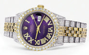 Iced Out Rolex Datejust 36 MM | Two Tone | 10 Carats of Diamonds | Purple Roman Diamond Dial