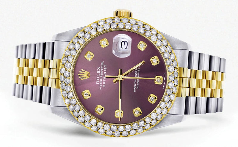 Diamond Gold Rolex Watch For Men 16233 | 36Mm | Custom Purple Dial | Two Row 4.25 Carat Bezel | Jubilee Band