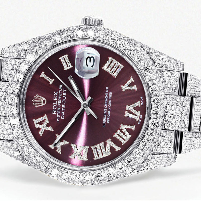 Womens Diamond Iced Out Rolex Datejust 41 | 25 Carats Of Diamonds | Purple Roman Numeral Dial | Two Row | Oyster Band
