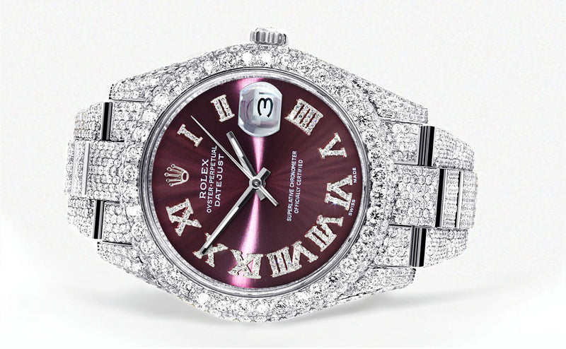 Womens Diamond Iced Out Rolex Datejust 41 | 25 Carats Of Diamonds | Purple Roman Numeral Dial | Two Row | Oyster Band