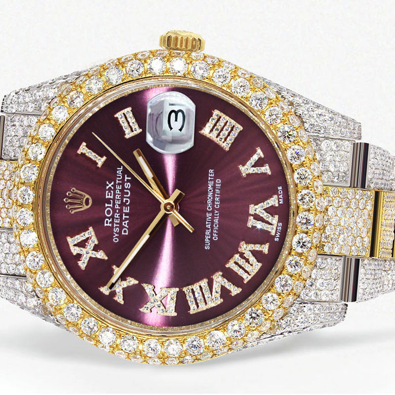 Womens Diamond Iced Out Rolex Datejust 41 | 25 Carats Of Diamonds | Purple Roman Numeral Dial | Two Tone | Two Row | Oyster Band