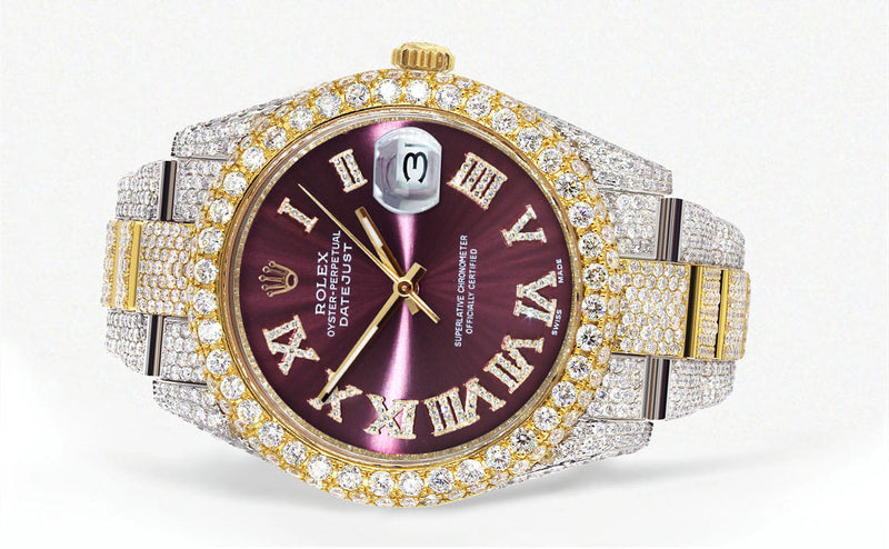 Womens Diamond Iced Out Rolex Datejust 41 | 25 Carats Of Diamonds | Purple Roman Numeral Dial | Two Tone | Two Row | Oyster Band