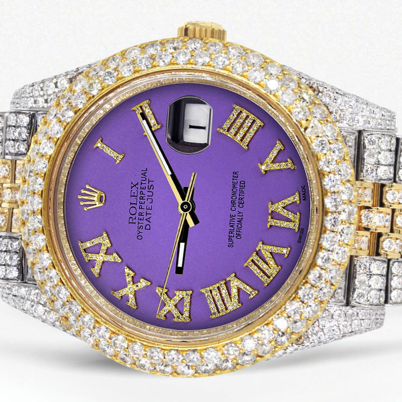 Womens Diamond Iced Out Rolex Datejust 41 | 25 Carats Of Diamonds | Custom Purple Roman Numeral Diamond Dial | Two Tone | Two Row | Jubilee Band