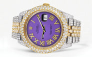 Womens Diamond Iced Out Rolex Datejust 41 | 25 Carats Of Diamonds | Custom Purple Roman Numeral Diamond Dial | Two Tone | Two Row | Jubilee Band