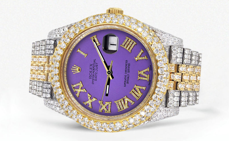 Womens Diamond Iced Out Rolex Datejust 41 | 25 Carats Of Diamonds | Custom Purple Roman Numeral Diamond Dial | Two Tone | Two Row | Jubilee Band