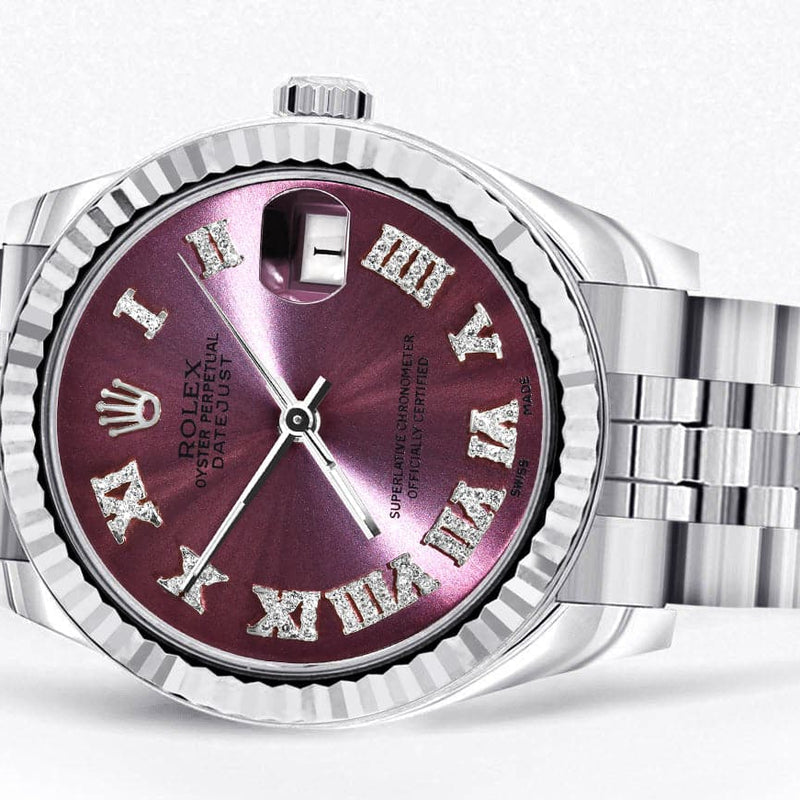 Diamond Rolex Watch | 68274 | Fluted Bezel | 31MM | Purple Roman Numeral Diamond Dial | Jubilee Band