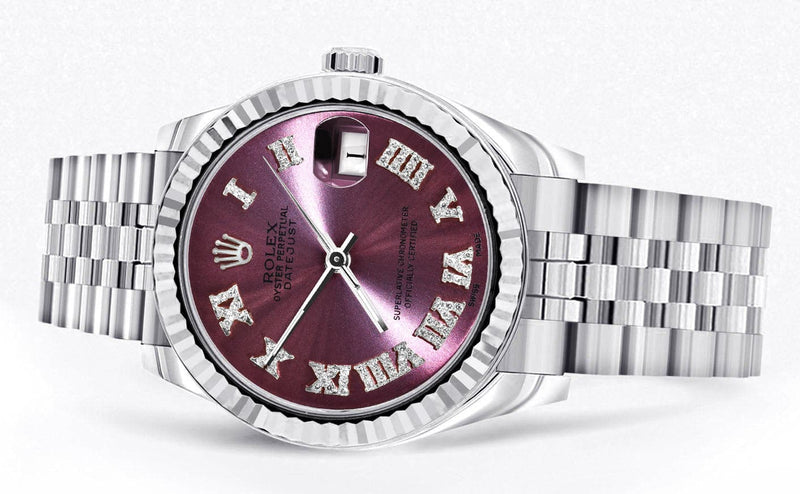 Diamond Rolex Watch | 68274 | Fluted Bezel | 31MM | Purple Roman Numeral Diamond Dial | Jubilee Band