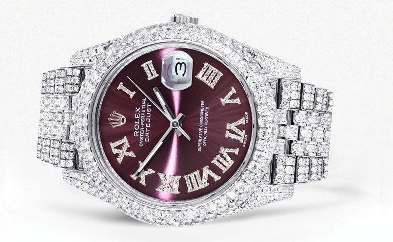 Womens Diamond Iced Out Rolex Datejust 41 | 25 Carats Of Diamonds | Custom Purple Dial | Two Row | Jubilee Band