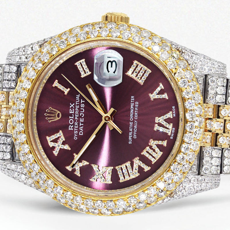 Womens Diamond Iced Out Rolex Datejust 41 | 25 Carats Of Diamonds | Purple Dial | Two Tone | Two Row | Jubilee Band