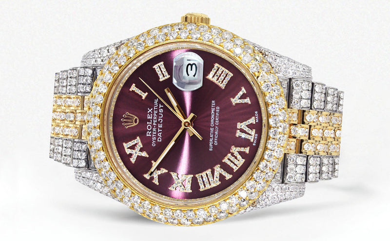 Womens Diamond Iced Out Rolex Datejust 41 | 25 Carats Of Diamonds | Purple Dial | Two Tone | Two Row | Jubilee Band