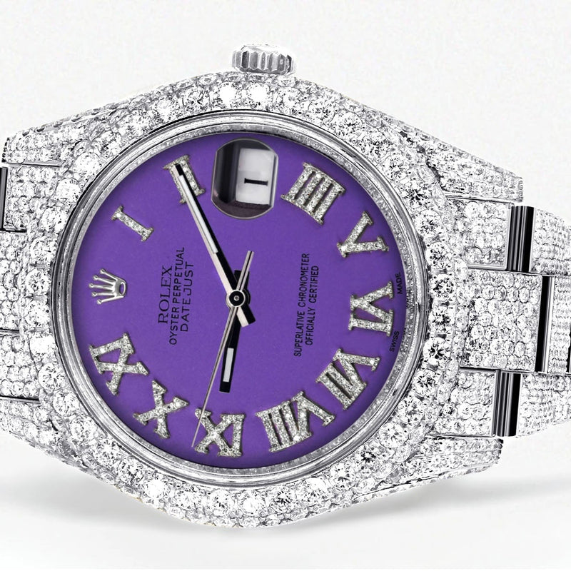 Womens Diamond Iced Out Rolex Datejust 41 | 25 Carats Of Diamonds | Custom Purple Roman Numeral Diamond Dial | Two Row | Oyster Band