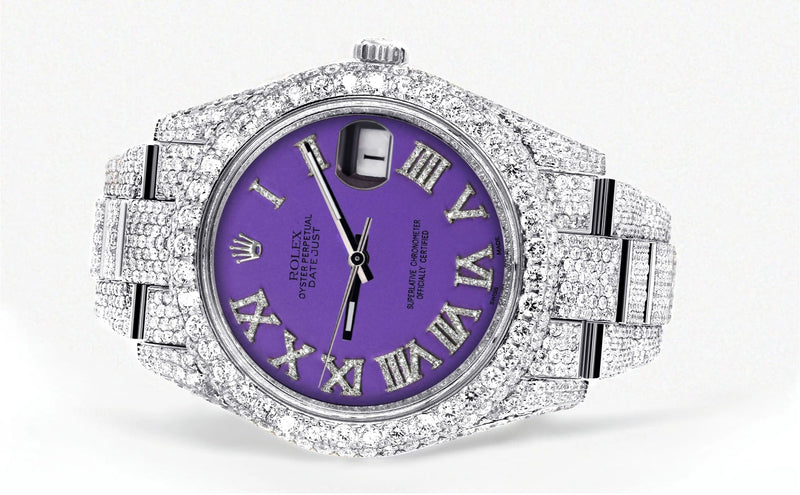 Womens Diamond Iced Out Rolex Datejust 41 | 25 Carats Of Diamonds | Custom Purple Roman Numeral Diamond Dial | Two Row | Oyster Band