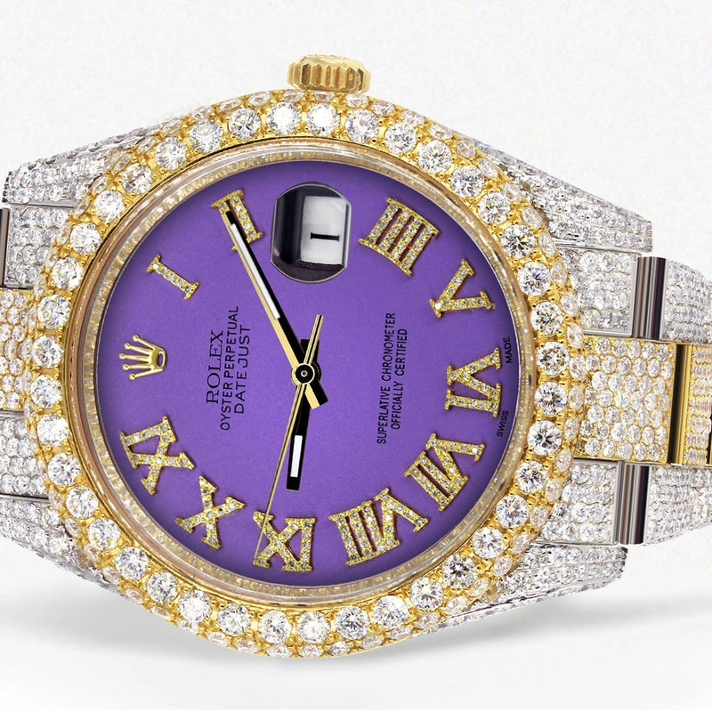 Womens Diamond Iced Out Rolex Datejust 41 | 25 Carats Of Diamonds | Custom Purple Roman Numeral Diamond Dial | Two Tone | Two Row | Oyster Band