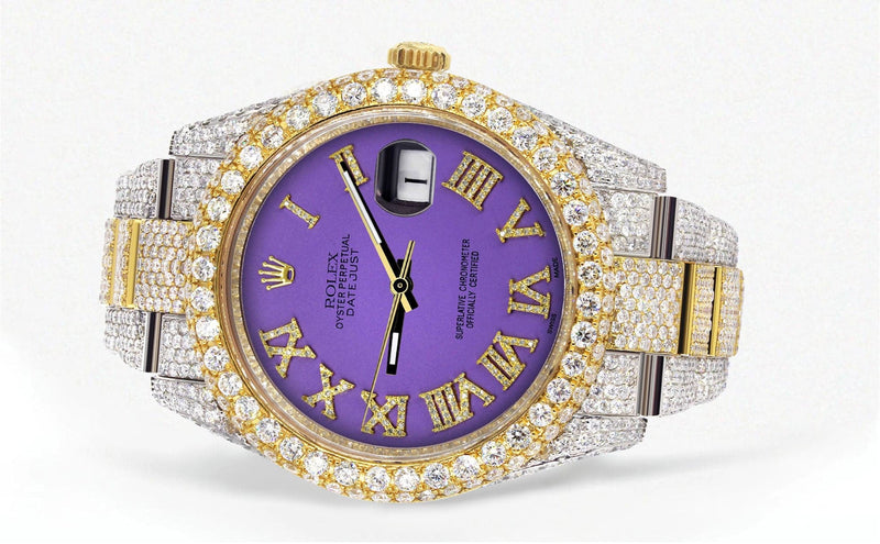 Diamond Iced Out Rolex Datejust 41 | 25 Carats Of Diamonds | Custom Purple Roman Numeral Diamond Dial | Two Tone | Two Row | Oyster Band