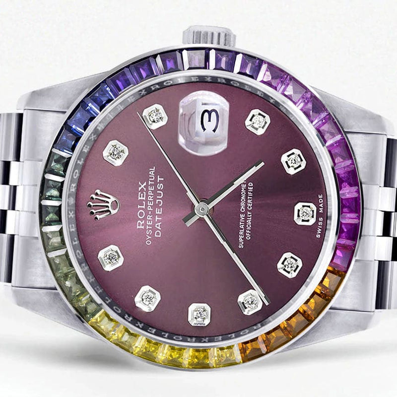 Diamond Gold Rolex Watch For Men 16200 | 36Mm | Rainbow Sapphire Bezel | Purple Dial | Jubilee Band