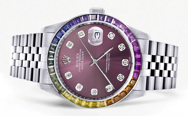 Diamond Gold Rolex Watch For Men 16200 | 36Mm | Rainbow Sapphire Bezel | Purple Dial | Jubilee Band