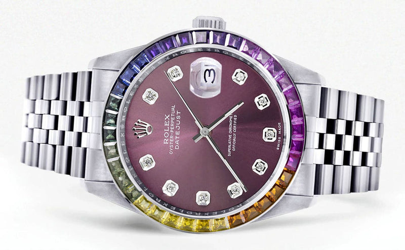 Diamond Gold Rolex Watch For Men 16200 | 36Mm | Rainbow Sapphire Bezel | Purple Dial | Jubilee Band