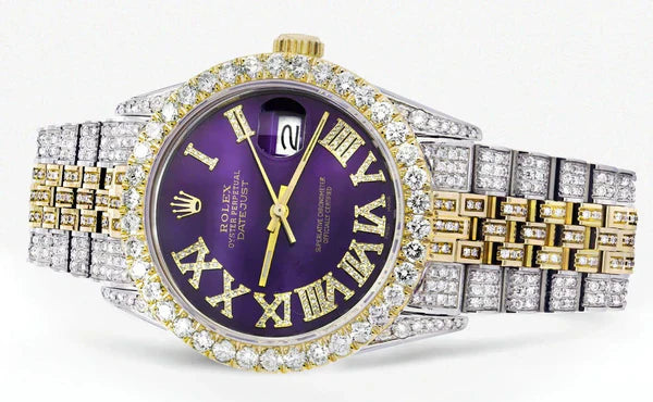 Iced Out Rolex Datejust | 36MM | Purple Roman Diamond Dial | Two Tone | Diamond Jubilee Band | 10 Carats of Diamonds