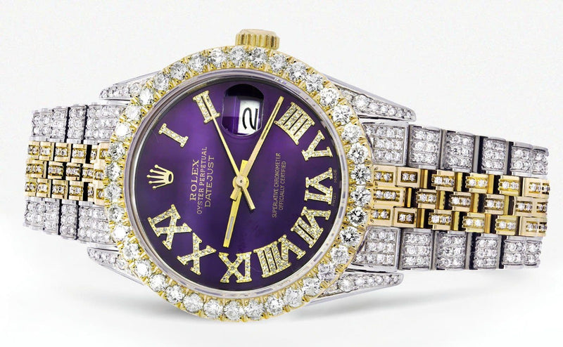 Iced Out Rolex Datejust 36 MM | Two Tone | 10 Carats of Diamonds | Purple Roman Diamond Dial