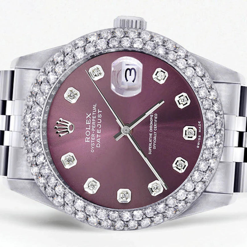 Mens Rolex Datejust Watch 16200 | 36Mm | Purple Dial | Two Row 4.25 Carat Bezel | Jubilee Band