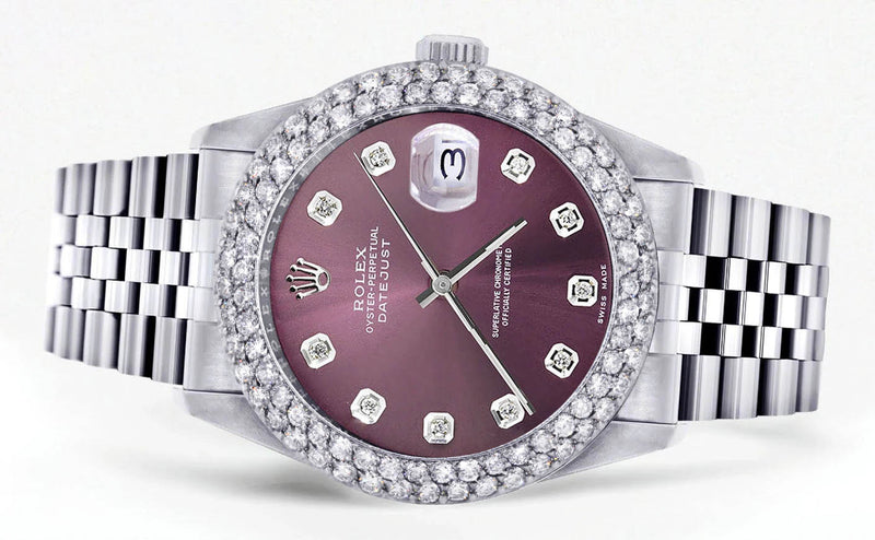 Mens Rolex Datejust Watch 16200 | 36Mm | Purple Dial | Two Row 4.25 Carat Bezel | Jubilee Band