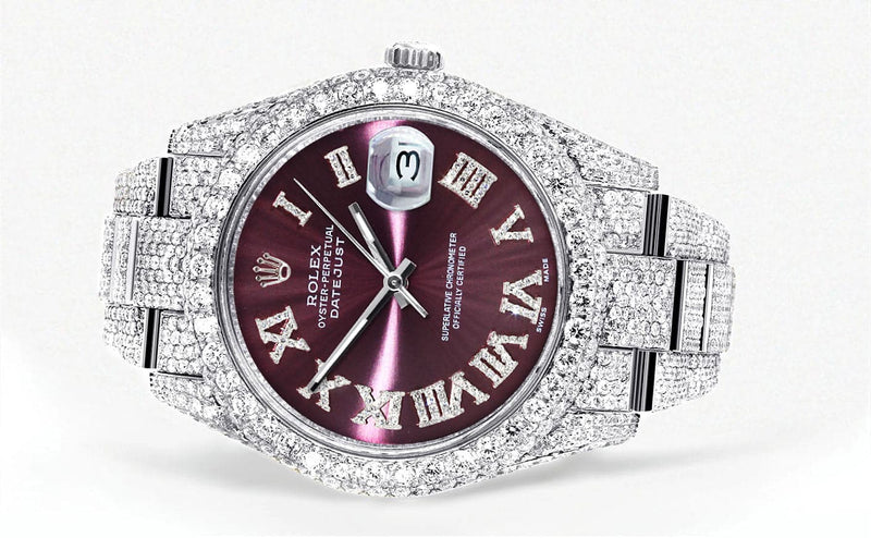 Diamond Iced Out Rolex Datejust 41 | 25 Carats Of Diamonds | Purple Roman Numeral Dial | Two Row | Oyster Band