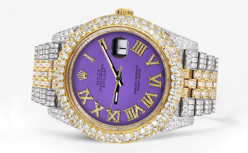 Diamond Iced Out Rolex Datejust 41 | 25 Carats Of Diamonds | Custom Purple Roman Numeral Diamond Dial | Two Tone | Two Row | Jubilee Band