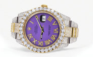 Diamond Iced Out Rolex Datejust 41 | 25 Carats Of Diamonds | Custom Purple Roman Numeral Diamond Dial | Two Tone | Oyster Band