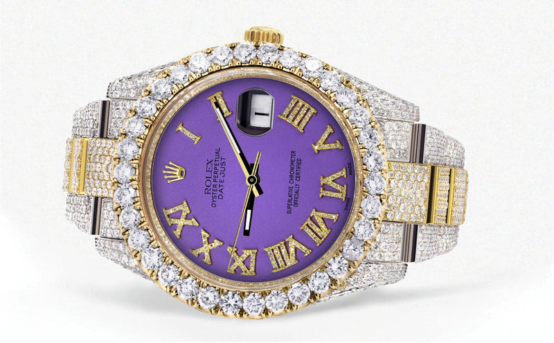 Diamond Iced Out Rolex Datejust 41 | 25 Carats Of Diamonds | Custom Purple Roman Numeral Diamond Dial | Two Tone | Oyster Band