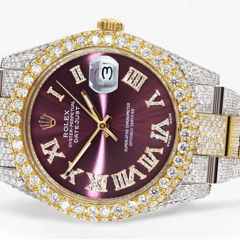 Diamond Iced Out Rolex Datejust 41 | 25 Carats Of Diamonds | Purple Roman Numeral Dial | Two Tone | Two Row | Oyster Band