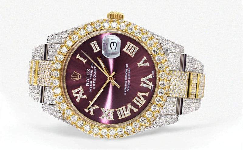 Diamond Iced Out Rolex Datejust 41 | 25 Carats Of Diamonds | Purple Roman Numeral Dial | Two Tone | Two Row | Oyster Band