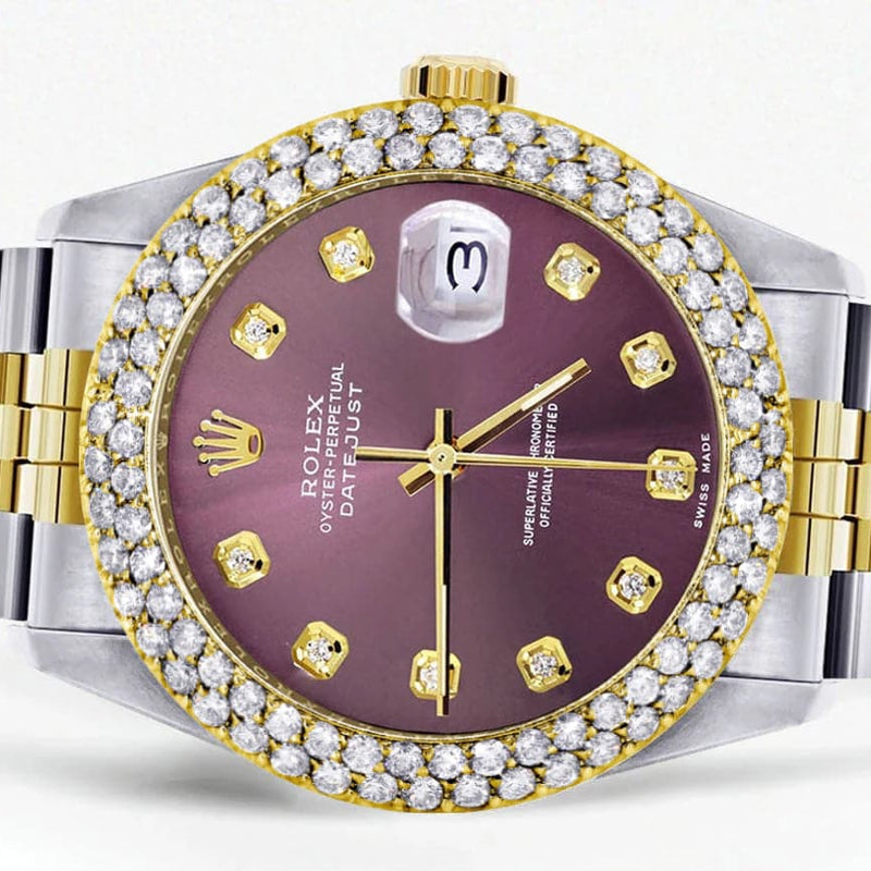 Diamond Gold Rolex Watch For Women 16233 | 36Mm | Custom Purple Dial | Two Row 4.25 Carat Bezel | Jubilee Band