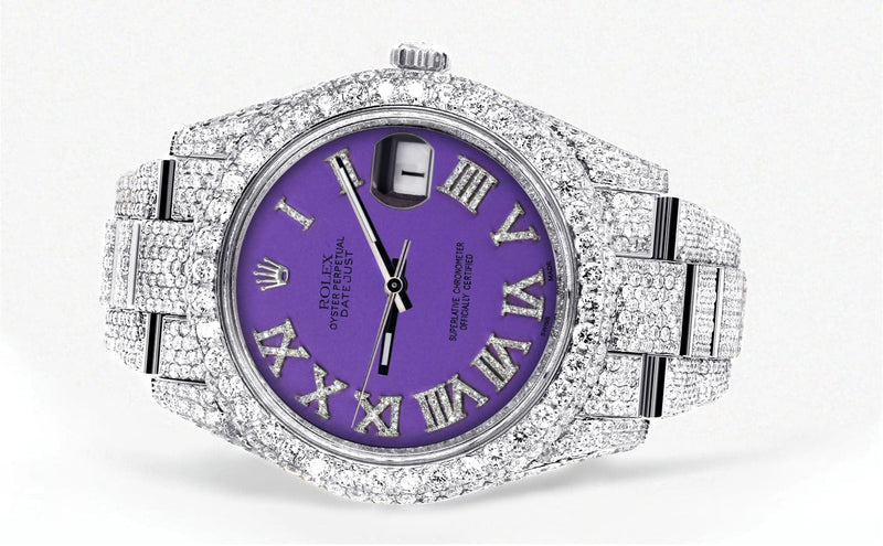 Diamond Iced Out Rolex Datejust 41 | 25 Carats Of Diamonds | Custom Purple Roman Numeral Diamond Dial | Two Row | Oyster Band