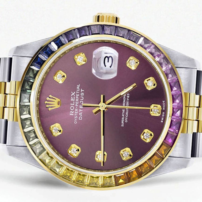 Diamond Gold Rolex Watch For Men 16233 | 36Mm | Rainbow Sapphire Bezel | Purple Dial | Jubilee Band