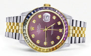 Diamond Gold Rolex Watch For Men 16233 | 36Mm | Rainbow Sapphire Bezel | Purple Dial | Jubilee Band