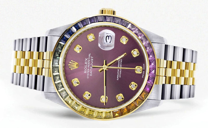 Diamond Gold Rolex Watch For Men 16233 | 36Mm | Rainbow Sapphire Bezel | Purple Dial | Jubilee Band