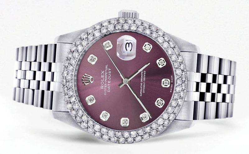 Womens Rolex Datejust Watch 16200 | 36Mm | Purple Dial | Two Row 4.25 Carat Bezel | Jubilee Band