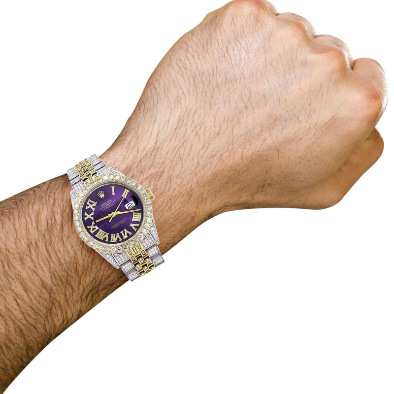 Iced Out Rolex Datejust 36 MM | Two Tone | 10 Carats of Diamonds | Purple Roman Diamond Dial