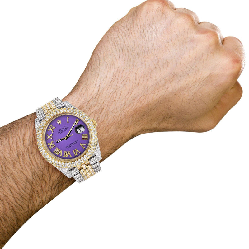 Diamond Iced Out Rolex Datejust 41 | 25 Carats Of Diamonds | Custom Purple Roman Numeral Diamond Dial | Two Tone | Two Row | Jubilee Band