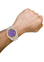 Diamond Iced Out Rolex Datejust 41 | 25 Carats Of Diamonds | Custom Purple Roman Numeral Diamond Dial | Two Tone | Two Row | Jubilee Band