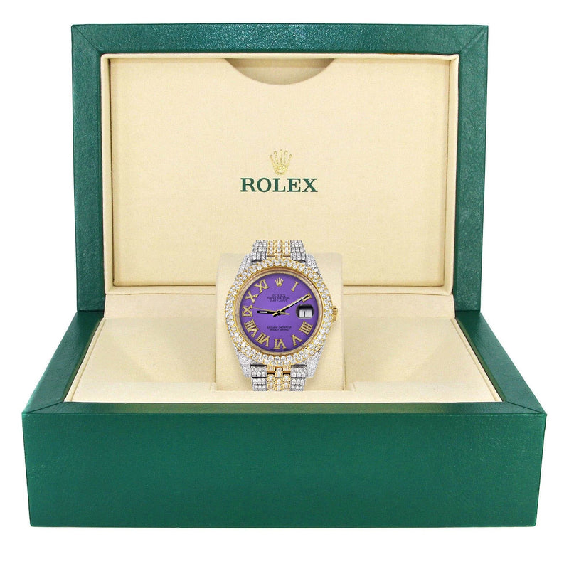 Diamond Iced Out Rolex Datejust 41 | 25 Carats Of Diamonds | Custom Purple Roman Numeral Diamond Dial | Two Tone | Two Row | Jubilee Band