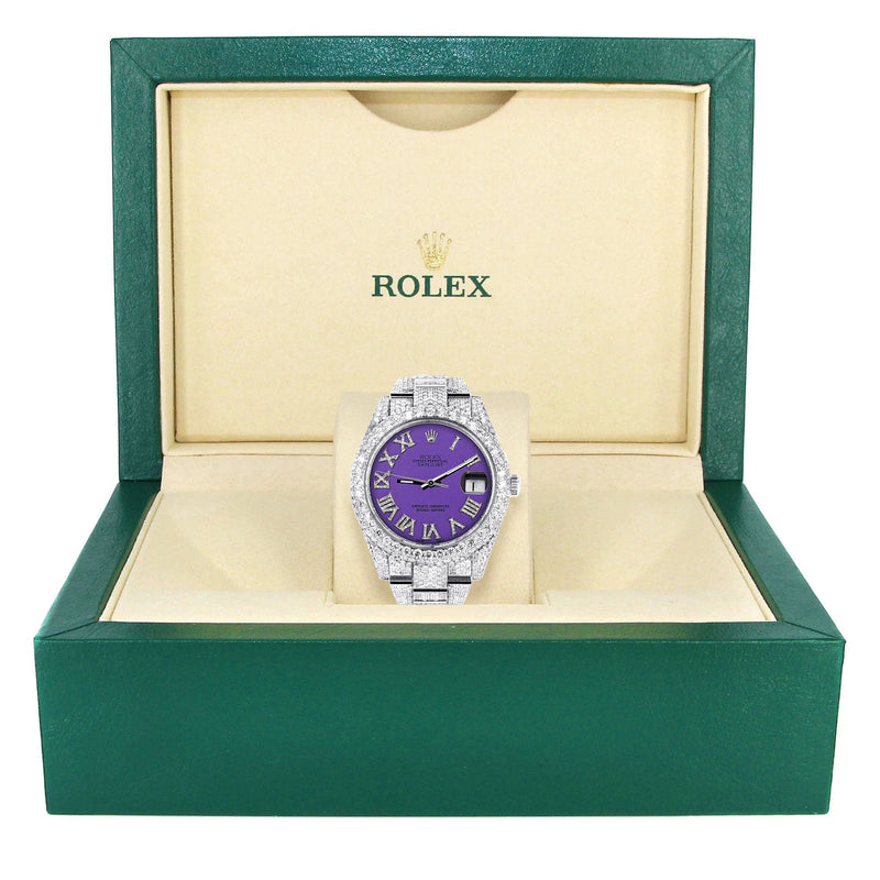 Womens Diamond Iced Out Rolex Datejust 41 | 25 Carats Of Diamonds | Custom Purple Roman Numeral Diamond Dial | Two Row | Oyster Band