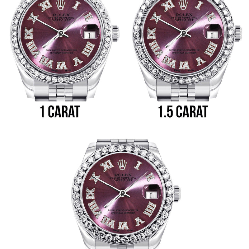 Diamond Rolex Watch | 68274 | Diamond Bezel | 31MM | Purple Roman Diamond Dial | Jubilee Band