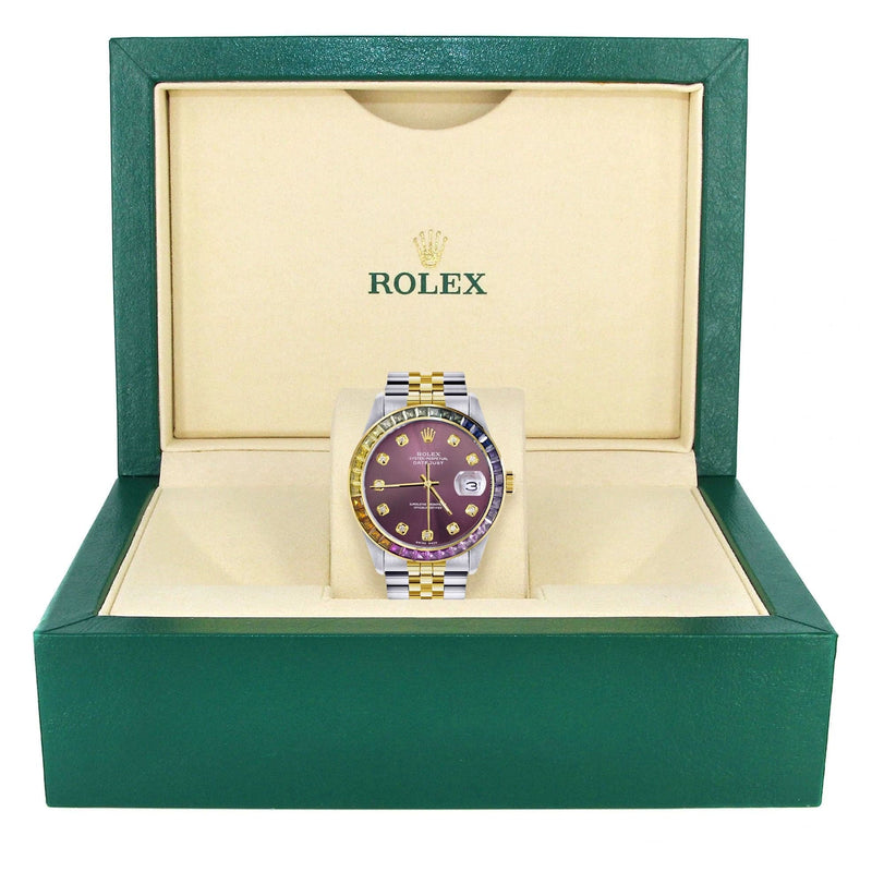 Diamond Gold Rolex Watch For Men 16233 | 36Mm | Rainbow Sapphire Bezel | Purple Dial | Jubilee Band