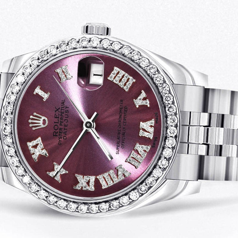 Diamond Rolex Watch | 68274 | Diamond Bezel | 31MM | Purple Roman Diamond Dial | Jubilee Band