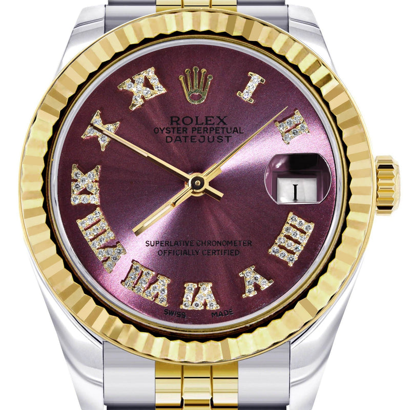Diamond Gold Rolex Watch | 68273 | Fluted Bezel | 31MM | Purple Roman Numeral Diamond Dial | Jubilee Band