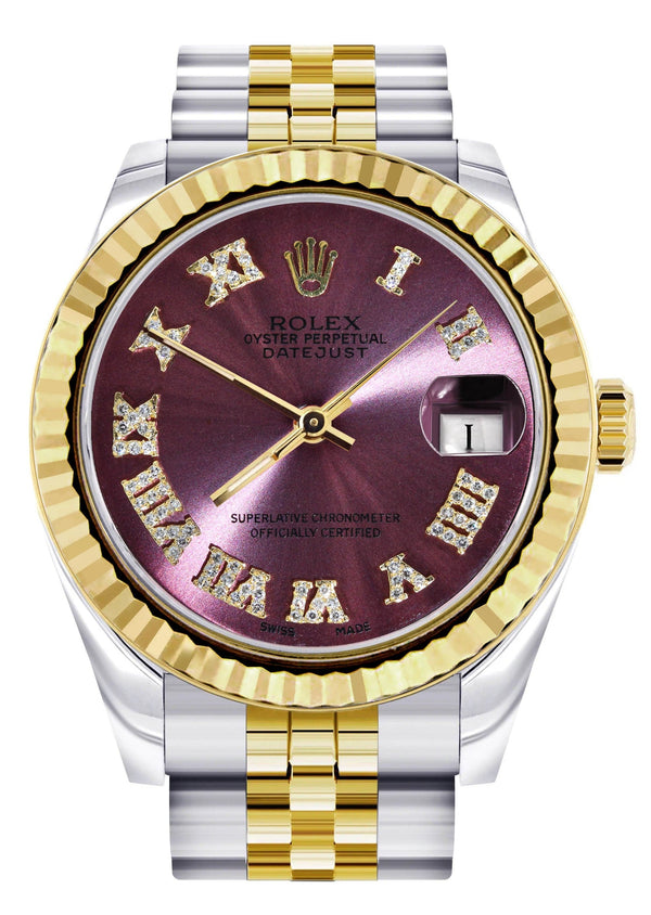 Diamond Gold Rolex Watch | 68273 | Fluted Bezel | 31MM | Purple Roman Numeral Diamond Dial | Jubilee Band