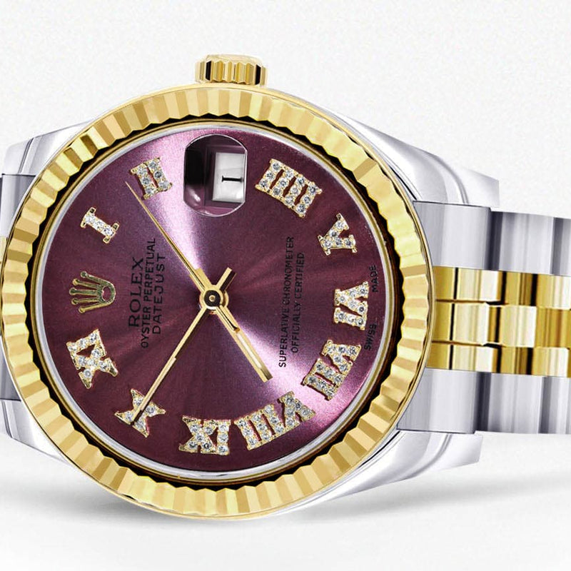 Diamond Gold Rolex Watch | 68273 | Fluted Bezel | 31MM | Purple Roman Numeral Diamond Dial | Jubilee Band