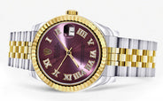 Diamond Gold Rolex Watch | 68273 | Fluted Bezel | 31MM | Purple Roman Numeral Diamond Dial | Jubilee Band